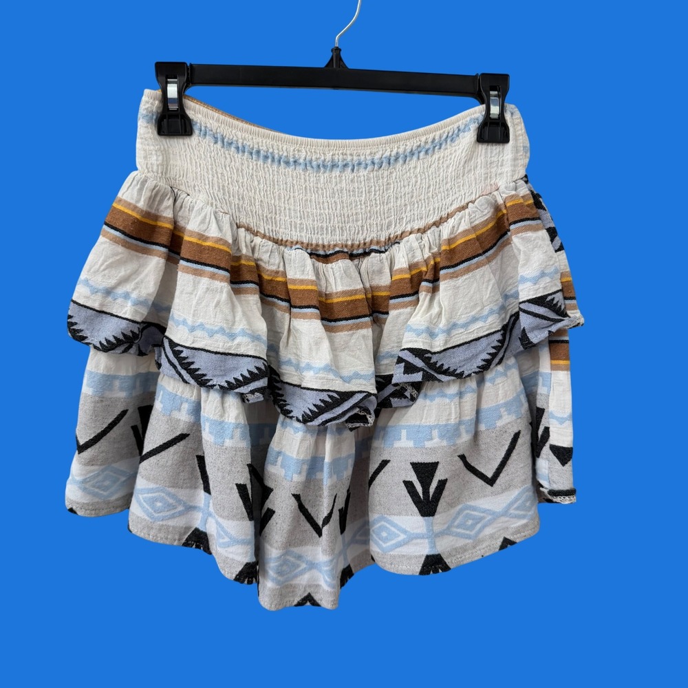 Sofia Mini Skirt M White‎ Blue Southwestern Smocked Ruffle Tiered Made In Italy
